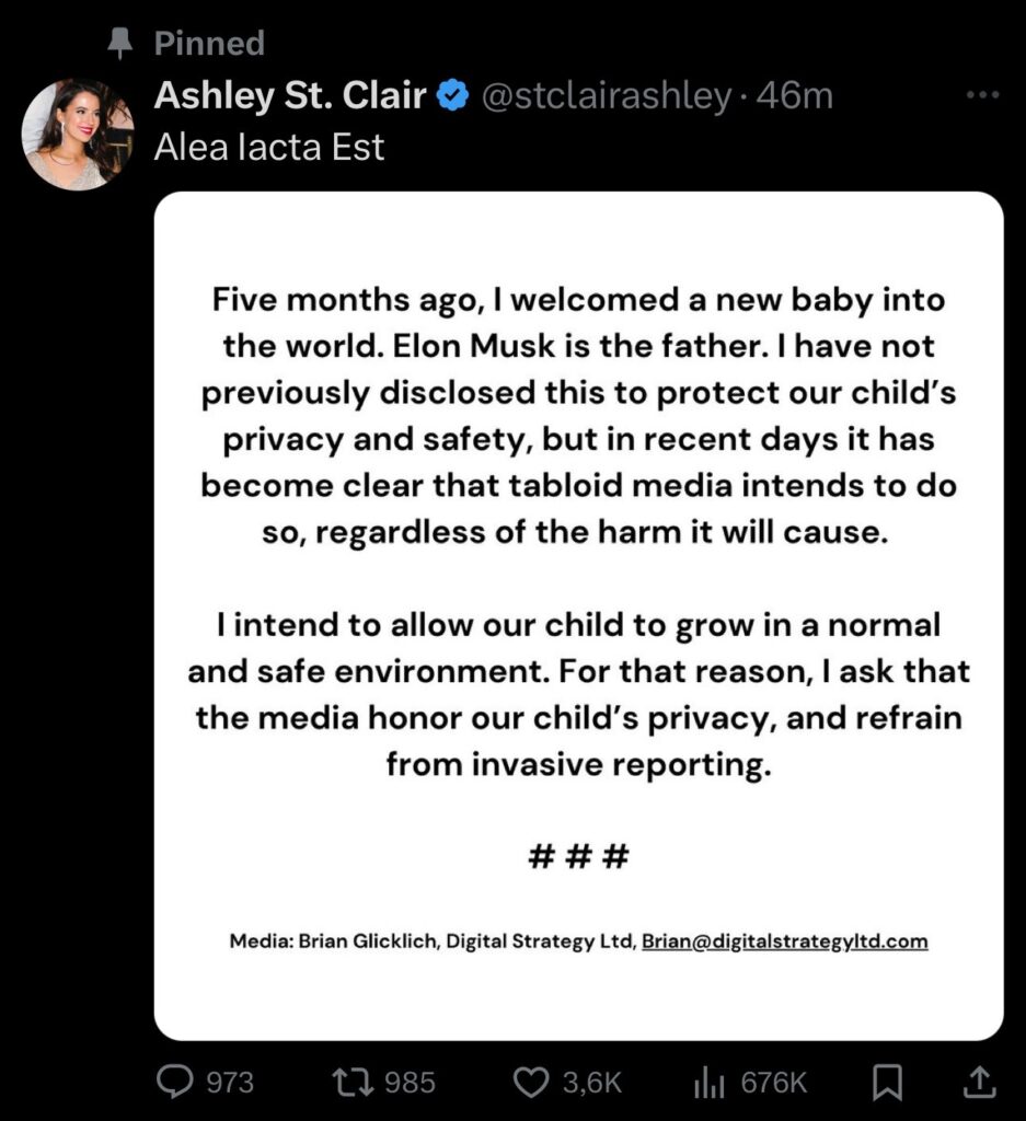 Five months ago, I welcomed a new baby into the world. Elon Musk is the father." -Ashley.